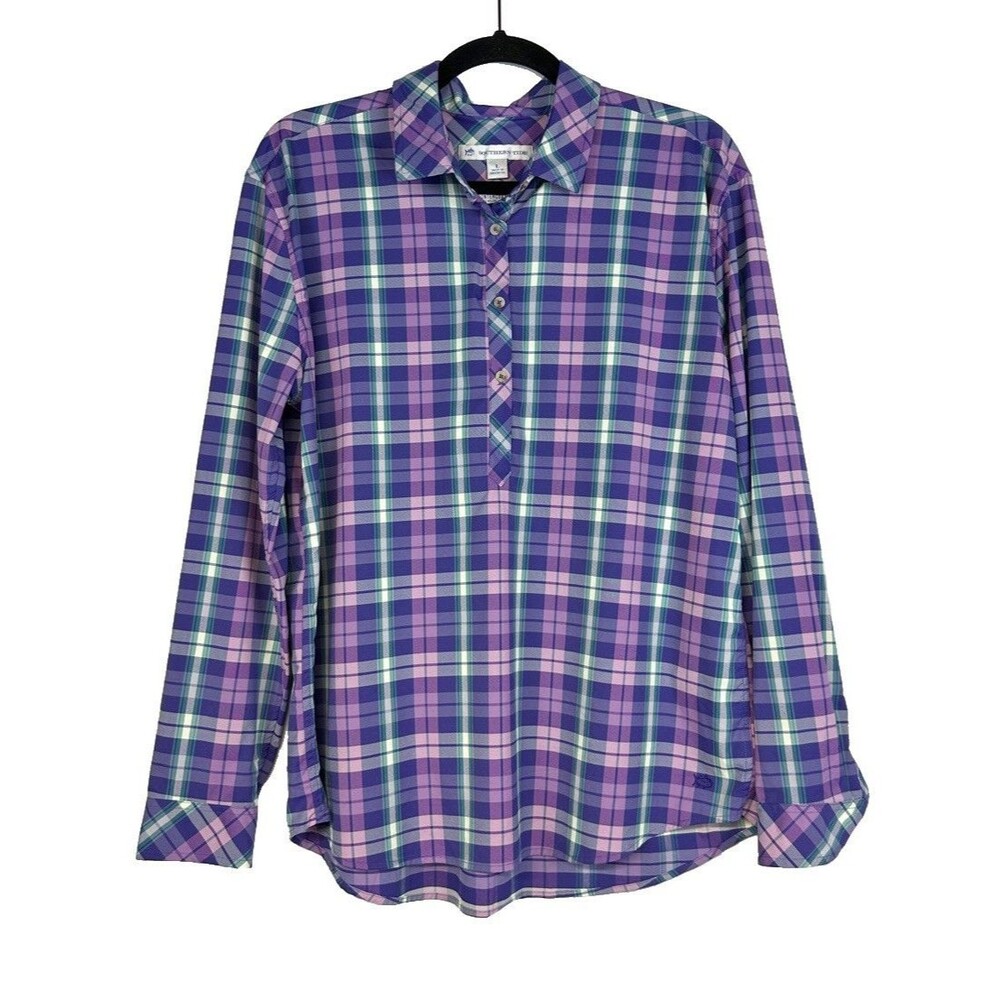Southern Tide Intercoastal Purple Green Plaid 1/2 Button Popover Shirt Large